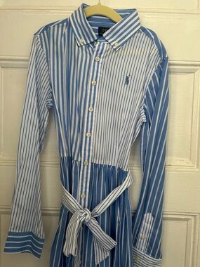 Polo by Ralph Lauren Blue & White Striped Button-Front Shirt Dress with Pockets